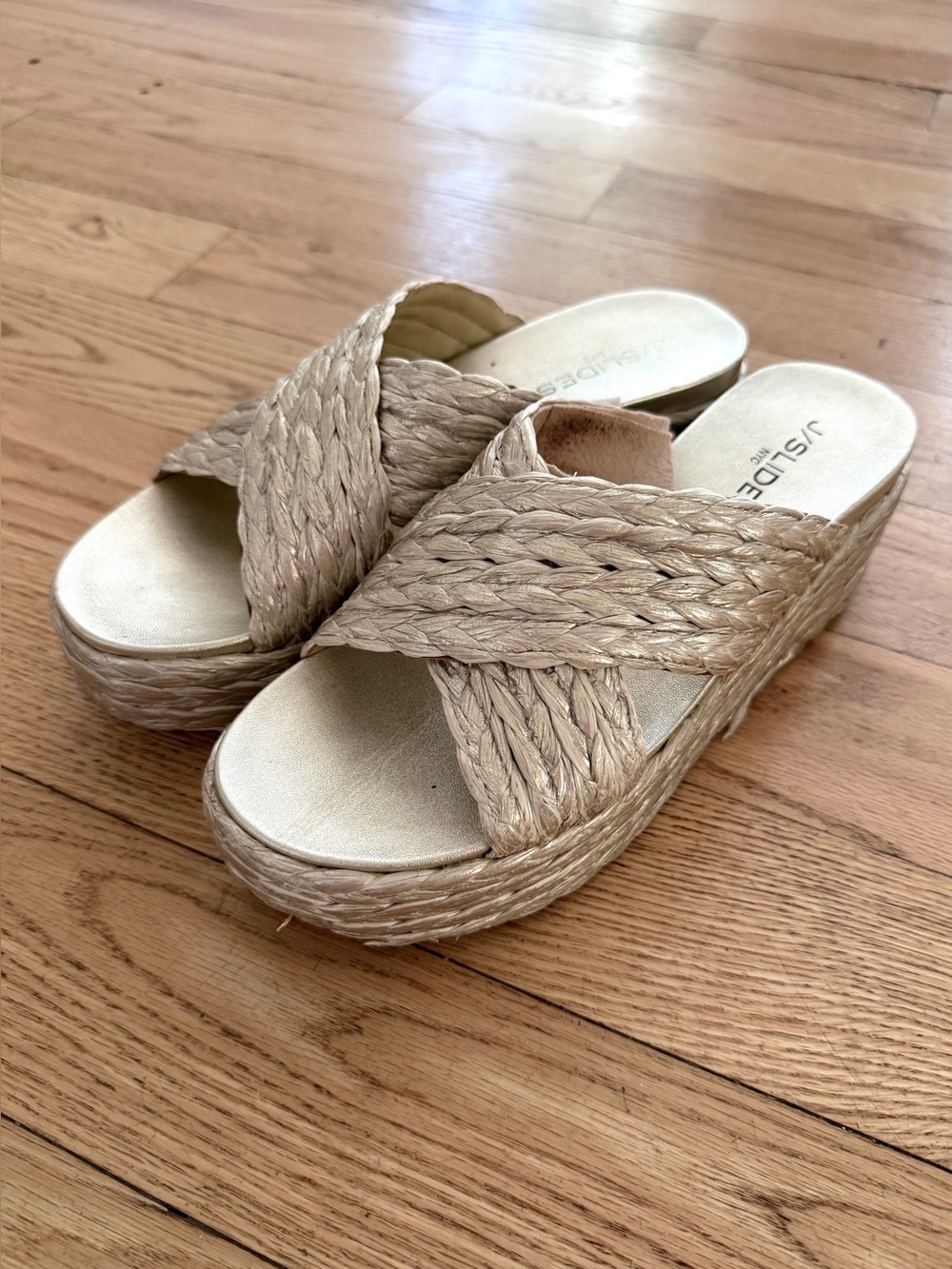 J/Slides NYC Woven Espadrille Platform Slide - Champagne Gold Size 8